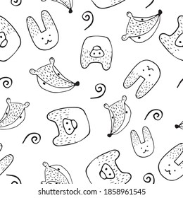 Kids hand drawn seamless pattern with foxes, hares, and bears. Black and white background. Scandinavian style design. Vector illustration