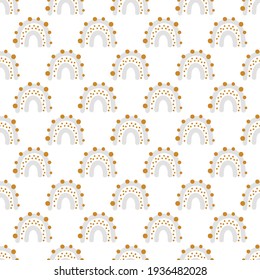 Kids hand drawn seamless pattern with colorful pastel rainbows. Summer baby background. Vector illustration for baby design. Scandinavian style.