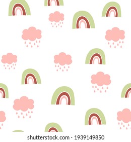 Kids hand drawn seamless pattern with colorful pastel rainbows and clouds. Summer background. Vector illustration. Print for baby design. Scandinavian style.