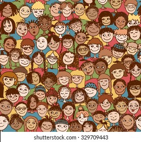 Kids - Hand drawn seamless pattern with cute faces of children from diverse cultural / ethnic backgrounds - in color