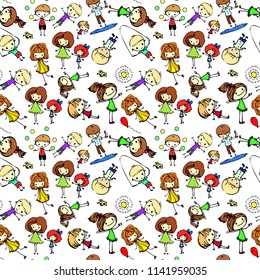 Kids hand drawn seamless texture. Cute children pattern