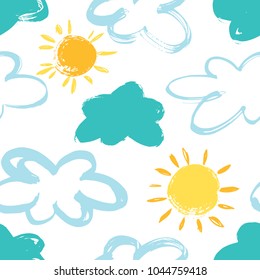 Kids Hand Drown Clouds And Sun. Expressive Dry Brushes Seamless Pattern.