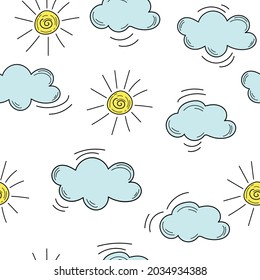 Los niños ahogan a mano las nubes y el sol. Nubes dibujadas a mano y sol - patrón ininterrumpido en blanco