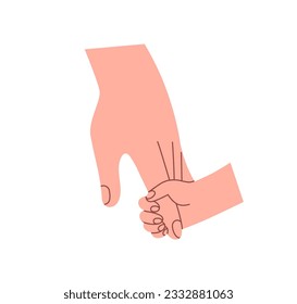 Kids hand holding, gripping adults finger. Parent and toddler, baby relationship concept. Care, support, love and protection of little child. Flat vector illustration isolated on white background