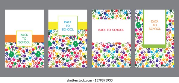 Kids hand prints rainbow Back to school poster, flyer, card templates set, element for web- design, advertising 