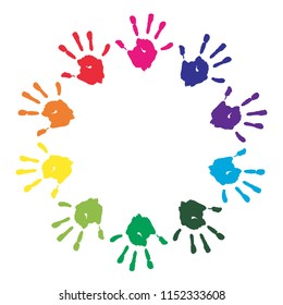 Kids hand prints rainbow frame on white background