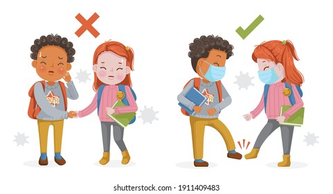 Kids hand shake with friend at school. Girl mask and a boy mask greet each other at school. New normal of greeting to avoid the spread of coronavirus (COVID-19). Kids are bowing. Social distancing.