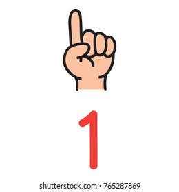 Kid's hand showing the number one by fingers. Icon of hand and fingers for counting education . Childrens vector illustration