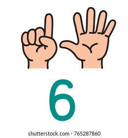 Kid's Hand Showing The Number Six By Fingers. Icon Of Hand And Fingers For Counting Education . Childrens Vector Illustration