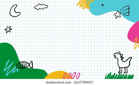 Kid's hand-drawn drawings on a colored background, template design with a variety of naive sketches, chalk and crayon figures. Composition for kindergarten and preschool.