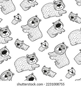 Kids hand-drawn pattern with forest animals. Bears by freehand on white background for children's seamless print. Black white doodle cubs for cute kindergarten wallpaper. Vector wildlife illustration.