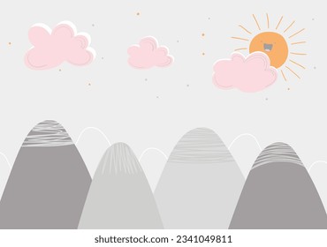 Kid's hand-drawn wallpaper decor in scandinavian style with mountain landscape, clouds and smiling sun. Vector illustration in pastel colors.