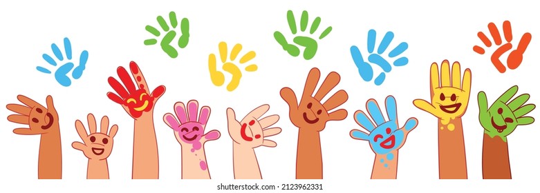Kids hands in colorful paint with smiles. Colorful cartoon characters. Funny vector illustration. Panoramic banner. Isolated on white background