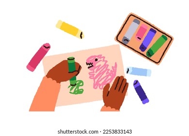 Kids hands drawing on paper, top view. African child painting cute picture with oil pastel pencils. Art hobby, creativity concept. Colored flat vector illustration isolated on white background