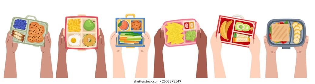 Kids hands hold lunch boxes. Top view, food containers, school snacks in box, kindergarten breakfast, children healthy eating sandwiches, cartoon flat style isolated recent vector concept