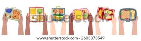 Kids hands hold lunch boxes. Top view, food containers, school snacks in box, kindergarten breakfast, children healthy eating sandwiches, cartoon flat style isolated recent vector concept
