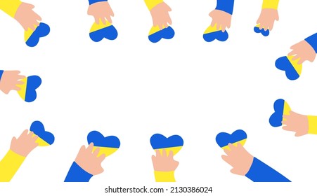 Kids hands holding hearts in blue and yellow colors, making circle. Love Ukraine concept. Place for text, vector background.