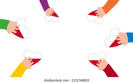 Kids hands holding hearts in white and red Poland flag colors, making circle. Love Poland concept. Place fot text, vector background.
