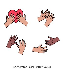 Kids hands interans set. Holding heart, reaching out to each other. Charity donation, social care, diversity concept. Vollunteer logo. Outline with color illustration in hand drawn style isolated on w