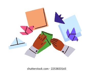 Kids hands making paper toys. Origami, Japan asian art concept. African child forming crane bird, top view. Japanese oriental handcraft. Flat vector illustration isolated on white background