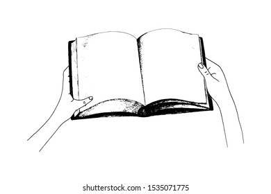 Kid's hands and open book sketch, illustration isolated on white