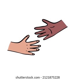 Kids hands reaching out to each other. Black and caucasian unity, diversity concept. Outline with color illustration in hand drawn style.