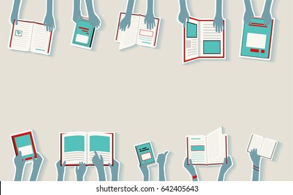 Kids Hands Reading Library Books Blue, abstract concept, ideal for flyers
