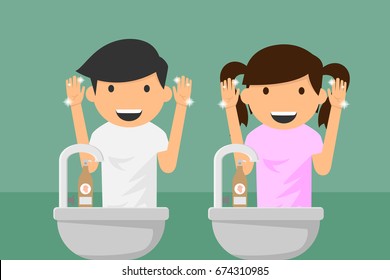 Kids Hands Washing. Vector Illustration.