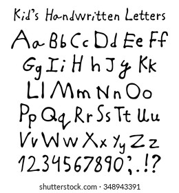 Kid's Handwritten Letters. Full Alphabet And Numbers. Children Script Font.