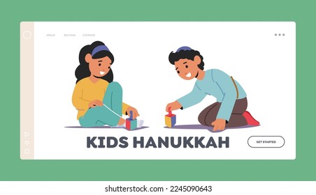 Kids Hanukkah Landing Page Template. Happy Children Playing With Wooden Dreidels. Little Girl and Boy Sitting On Floor Spinning Toys For Holiday Celebration. Cartoon Vector Illustration
