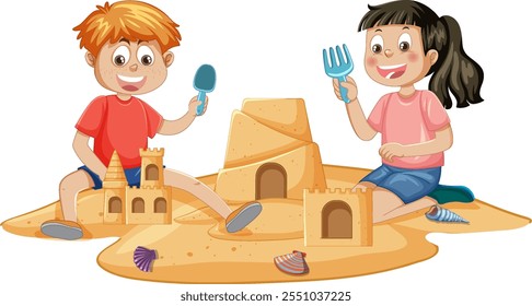 Kids happily constructing sandcastles with shovels and buckets