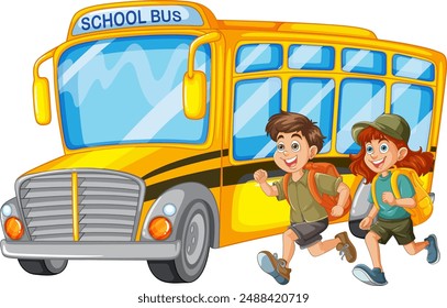 Kids happily running towards a yellow school bus