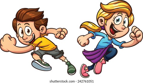 Kids happily running. Vector clip art illustration with simple gradients. Each on a separate layer.