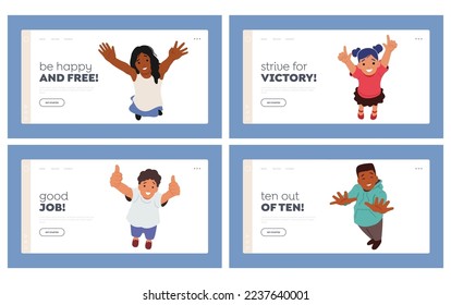 Kids Happiness, Joy Landing Pa ge Template Set. Happy Children Looking Up, Showing Gestures and Laugh. Cheerful Girls and Boys Characters Smile, Childhood Concept. Cartoon People Vector Illustration