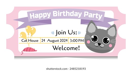 Kid's happy birthday party cute tickets with cartoon gray cat, mouse toy, balloons. Invitations to children's birthday party for boy or girl. Pink ticket templates isolated on white background.