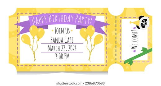 Kid's happy birthday party tickets with cartoon panda, bamboo, balloons. Invitations to children's birthday party for boy or girl. Yellow ticket templates isolated on white background.	