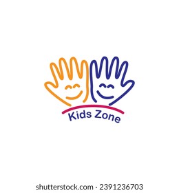 Kids happy logo. Two hand with face fun emoticon. Vector illustration