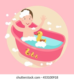 kids happy play water in bath with rubber duck soap all around