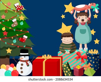 The kids happy when they got their presents in Christmas day vector illustration in color version