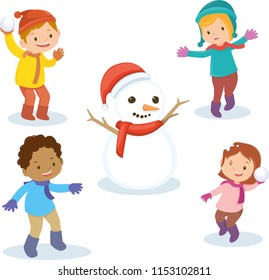 Kids happy at winter season . Cute kids are look happy and they playing with snowman