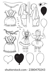 Kids in hare costumes dress party ballon air branch line graphic black sketch coat bunny