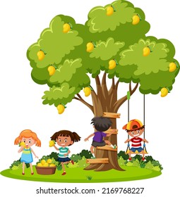 Kids harvesting mango from tree illustration
