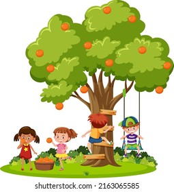 Kids harvesting orange from tree illustration