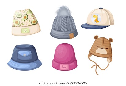 Kids hats set vector illustration. Cartoon isolated summer and winter, autumn and spring fashion headwear for children collection with cap beanie and hat with headphones, baseball cap, panama