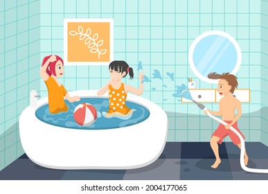 The kids have fun in the bathroom. Summer indoor swimming activity with water splash.