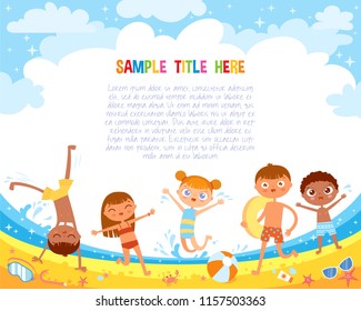 Kids have fun jumping on the beach. Flat style. Template for advertising brochure. Ready for your message. Funny cartoon character. Vector illustration