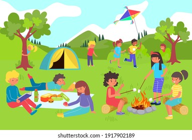 Kids have fun and play in summer camp, holidays outside city, happy girls and boys at picnic, cartoon style vector illustration. Useful outdoor recreation, joyful childhood, interesting journey.