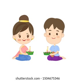 Kids have Krathong in Loy Krathong festivel vector