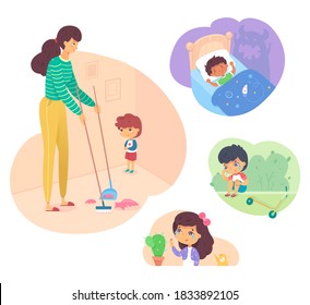 Kids having accidents and making mistakes. Boy broke vase, kid sees monster sleeping in bed, child fell from scooter, knee hurts, girl touched cactus. Sad children vector illustration.