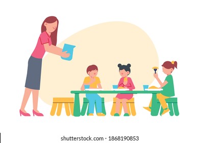 Kids having breakfast in kindergarten flat vector illustration